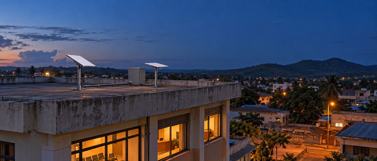 Two flat satellite dishes on the roof of a small office building at dusk, with a town and hills behind