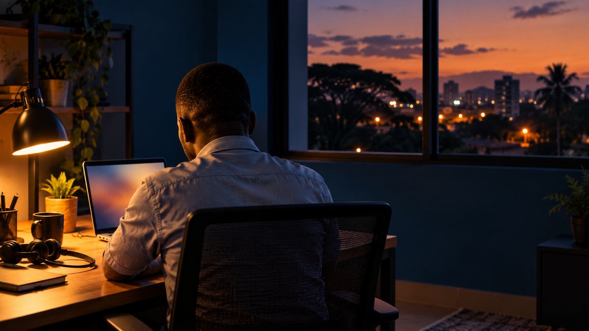 A person working on a laptop in a dimly lit office at dusk, with city lights through the window