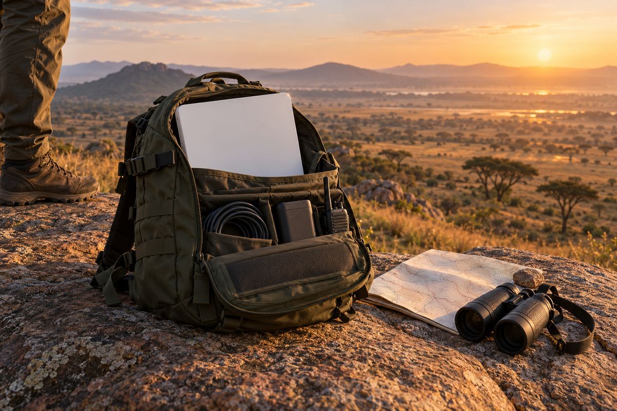 A field team's backpack with a compact satellite kit, a radio and a map, on a ridge at sunset