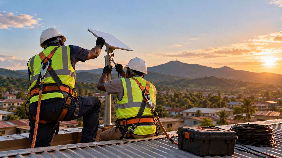 Two technicians in safety harnesses fixing a flat satellite dish to a pole on a metal roof at sunset
