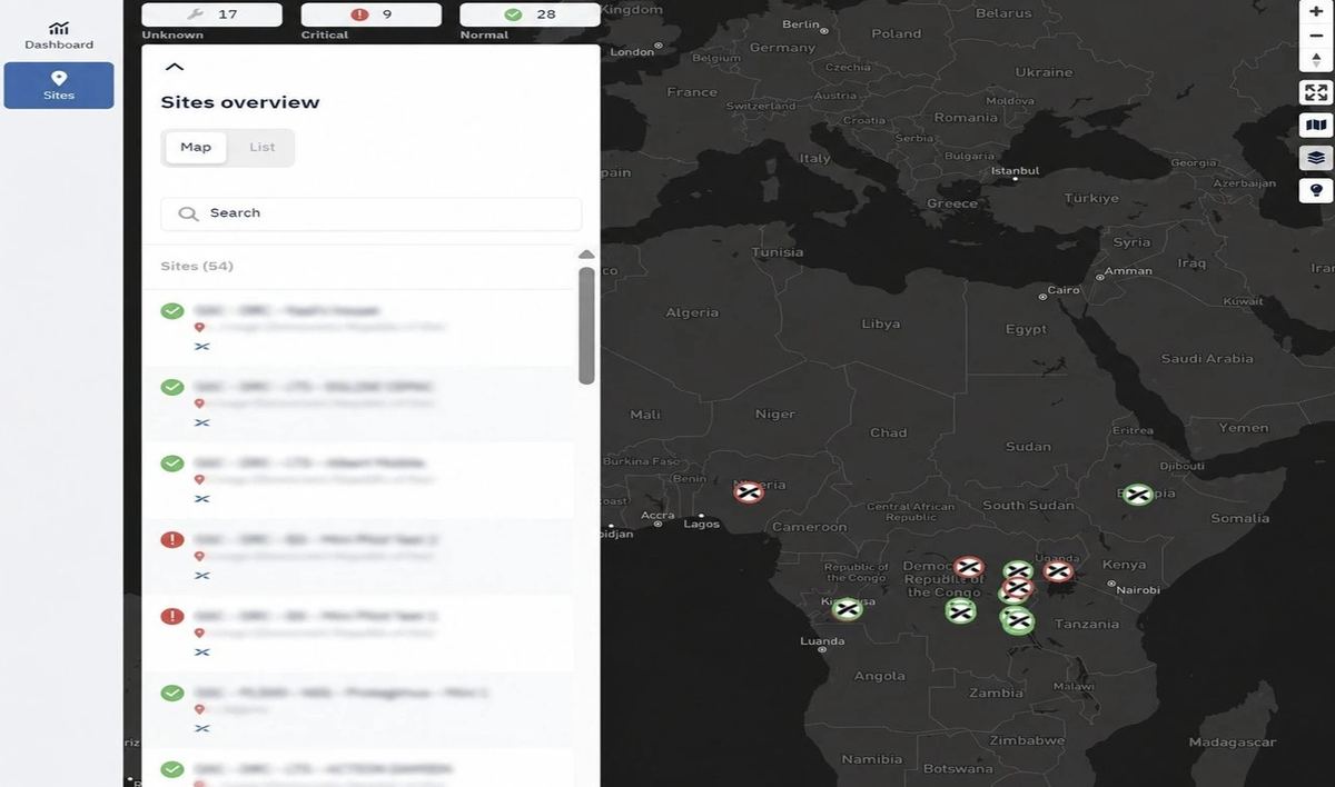 Client portal: list of sites with their status, and a map of the sites in Africa.